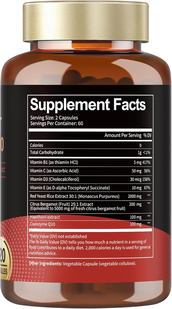 (2 Packs) Red Yeast Rice with CoQ10 Supplement - Citrinin-Free Red Yeast Rice 2,000 mg Capsules with CoQ10 100mg Plus Citrus Bergamot - Niacin-Free, Cholesterol & Energy Supplement 3rd-Party Tested