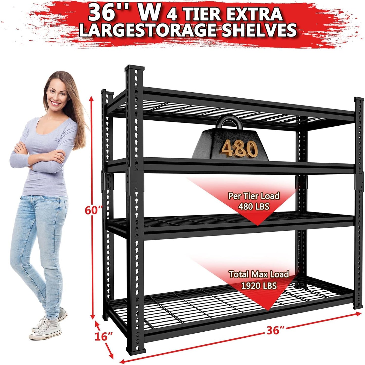 Storage Shelves 4PCS, Garage Shelving Heavy Duty 1920LBS Capacity, 36"L x 16"W x 60"H Adjustable Metal Shelving Organizer Wire Rack, 4 Tier Utility Shelf Unit for Pantry Closet Warehouse Organization
