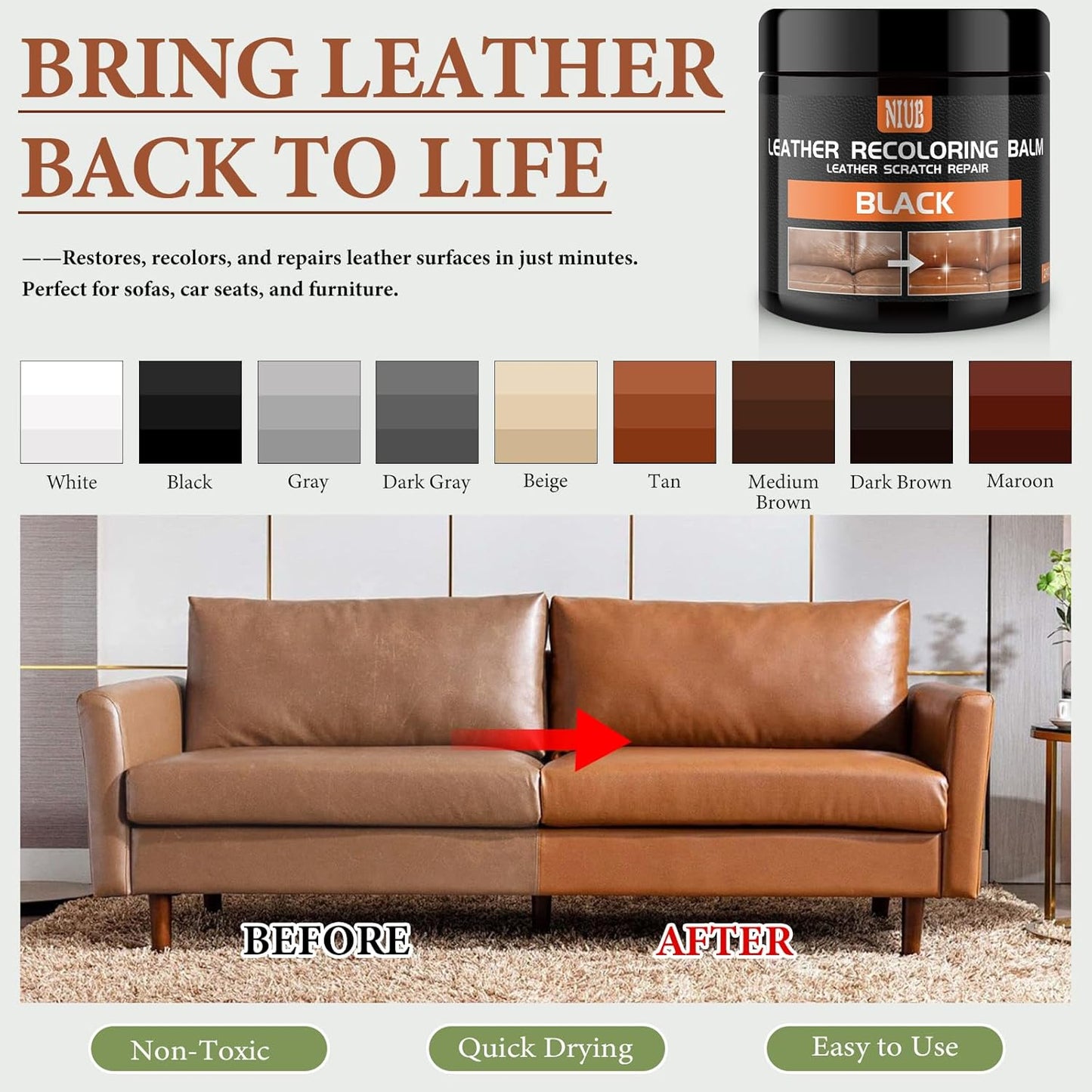 Leather Recoloring Balm Leather Color Restorer Scratch Repair Leather Paint for Furniture Couches Car Seats Shoes Bags Leather Dye and Scratched Leather with Leather Conditioner - Dark Gray