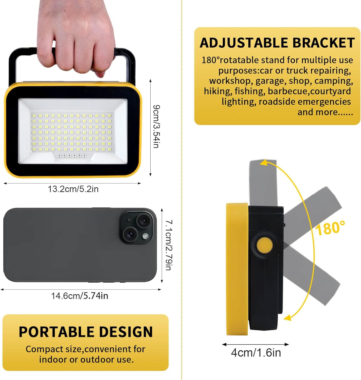 Rechargeable Work Light with Tripod Hole, 40W Portable Flood Light Battery Powered, Waterproof LED Work Lights Cordless Job Site Lighting 180° Rotate for Garage Camping Car Repairing