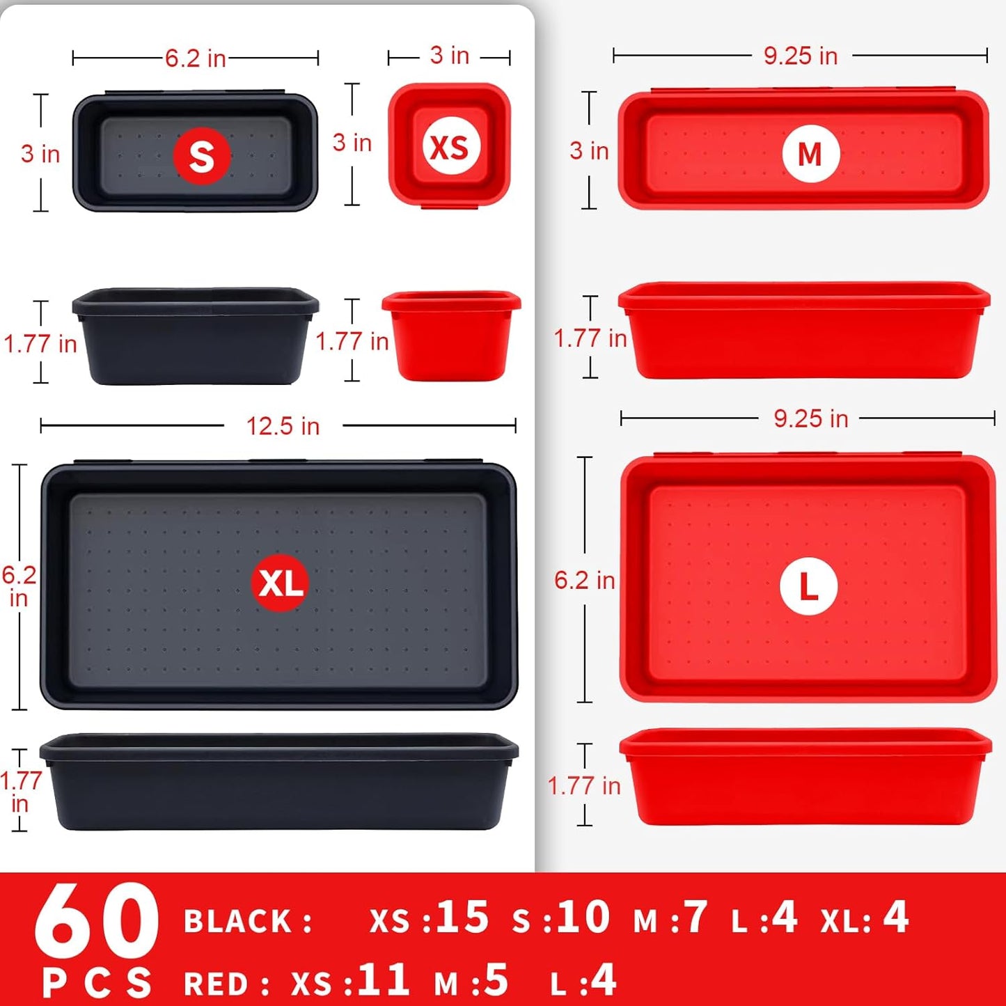 Tool Box Organizer Tray, Toolbox Desk Drawer Organizer, Tool Box Tray, Toolbox Organization Storage for Rolling Tool Chest (60PCS (Black+Red))