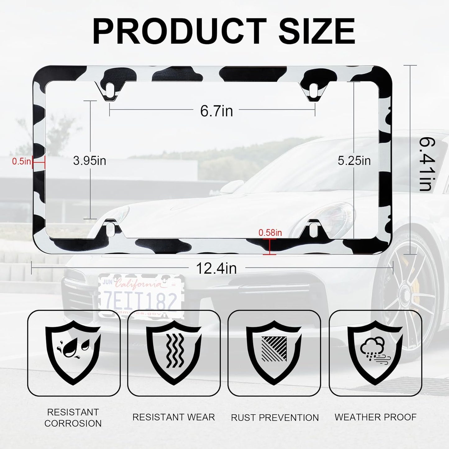 LivTee 4 Holes Stainless Steel License Plate Frames, 2 PCS Car Licence Plate Covers, Automotive Exterior Accessories Slim Design with Bolts Washer Caps for US Vehicles, Cow Spot