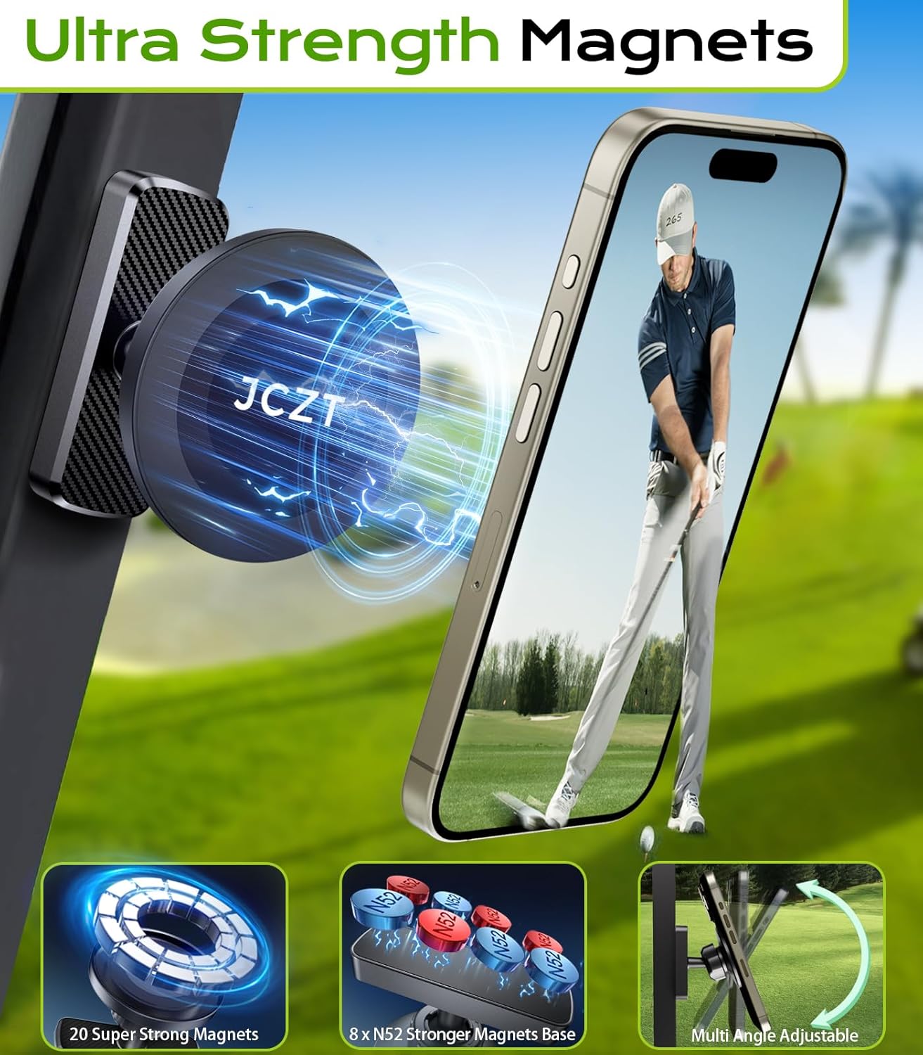 Magnetic Golf Cart Phone Holder Compatible with MagSafe iPhone 16 Pro Max Plus 15 14 13 12 Fits EZGO, Yamaha, Club Car, Icon, Golf Cart Accessories Essentials Gift for Friend Men Women Black