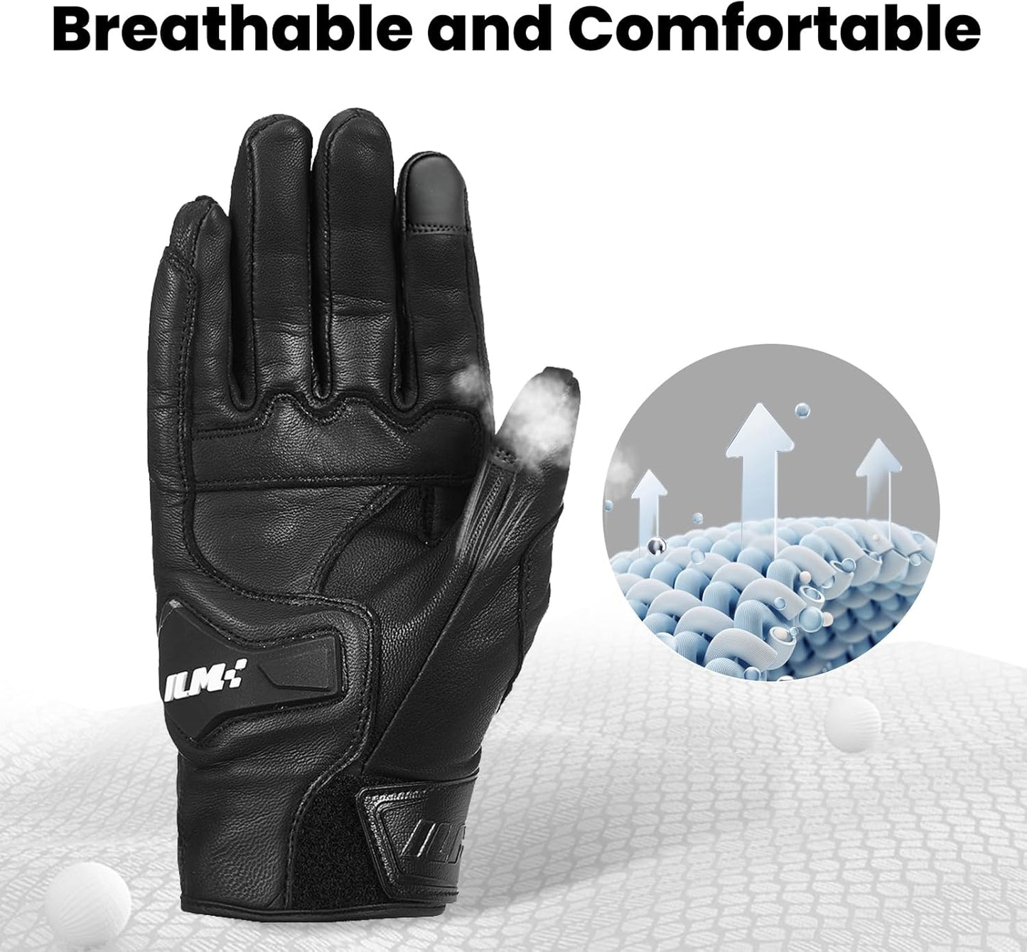 ILM Goatskin Leather Motorcycle Motorbike Powersports Racing Gloves Touchscreen for Men and Women Model DN01(L, Black Unperforated)