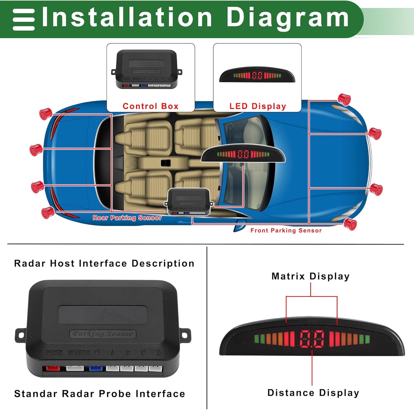 Motoforti Universal Car Auto Vehicle Reverse Backup Radar System Reverse Parking Sensors Alarm Buzzer Reminder Distance Detection Red 4Parking Sensors
