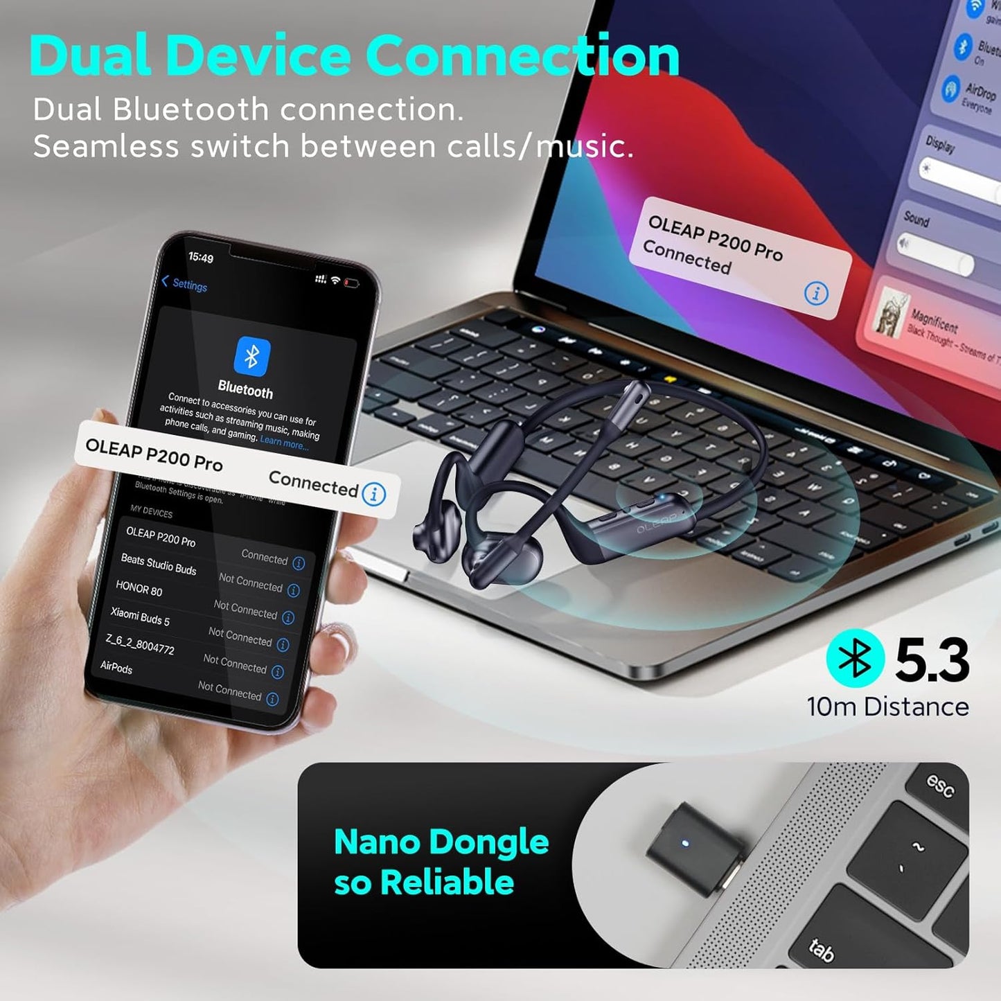 Pilot P200b Pro Wireless Headset with Mic for Work,50dB AI Noise Cancelling Microphone Headphones for Call,Bluetooth 5.3 Open Ear Headphones with USB-C for Mobile Office,Meetings,PC & Phone