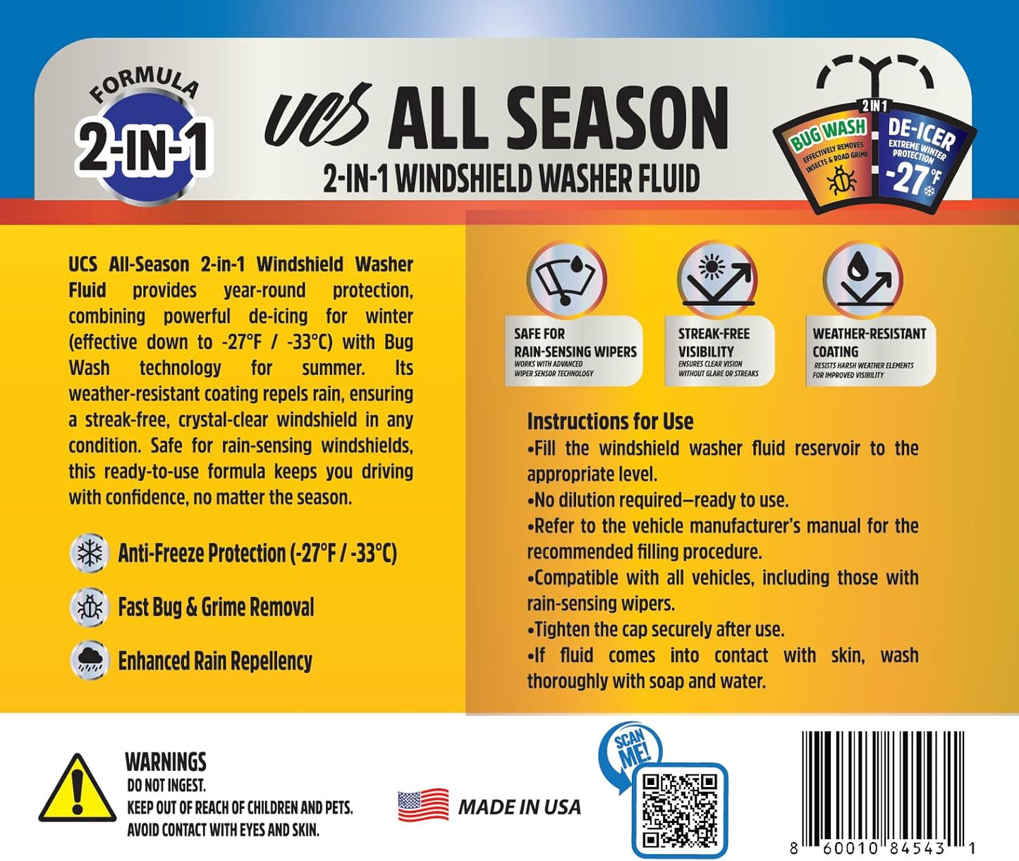 UCS Advanced All-Season Windshield Washer Fluid | Winter Protection to -27°F | 2-in-1 Bug Wash & Water Beading Technology | Streak-Free Visibility | Safe for Rain-Sensing Windshields | 1 Gallon