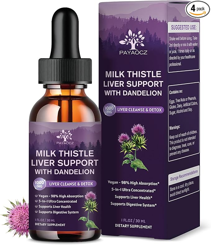(4 Pack) Milk Thistle Liquid Drops Silymarin 1000mg, Liver Supplement Detox & Cleanse with Dandelion & Artichoke, Milk Thistle Organic Extract for Support Repair Liver Health, Vegan, Non-GMO, 1 Fl Oz