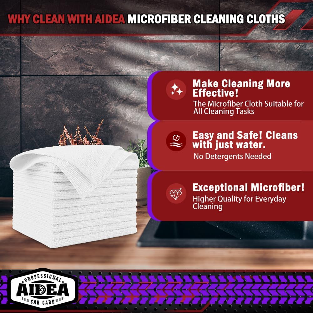 AIDEA Microfiber Cleaning Cloth White 50PK, Microfiber Towels for Cars, Premium Car Cloths, Dusting Cloth Lint Free Cleaning Rags for SUVs, House, Kitchen, Window, Workshops,12×12"