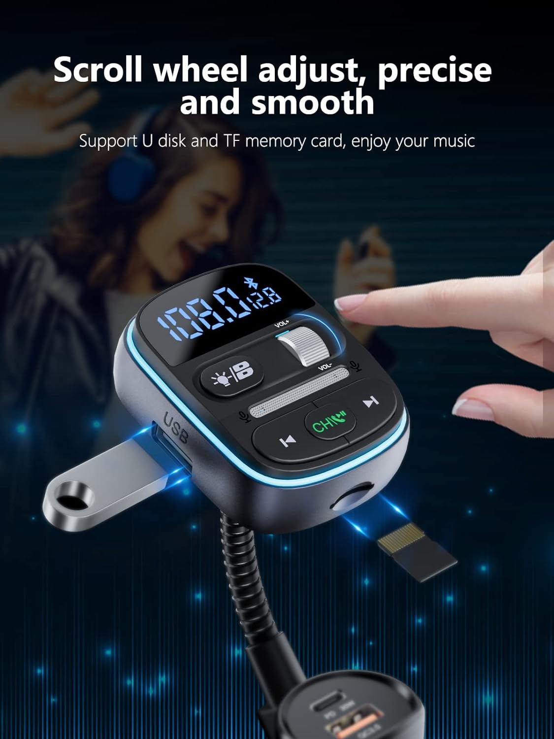 LENCENT Bluetooth FM Transmitter PD 30W, Bluetooth Car Adapter with QC3.0 Fast Charger, Hi-Fi Bass Music, Wireless Radio Receiver Hands-Free Calling, [Color Light]