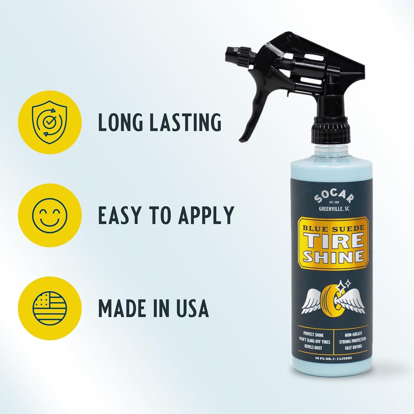 SOCAR Blue Suede Tire Shine Spray & Protectant. New-Tire Smooth Shine. for Rubber, Vinyl, Plastic, Leather, 16 fl oz. UV Protection, No Sling, for Cars, Motorcycles, RVs.