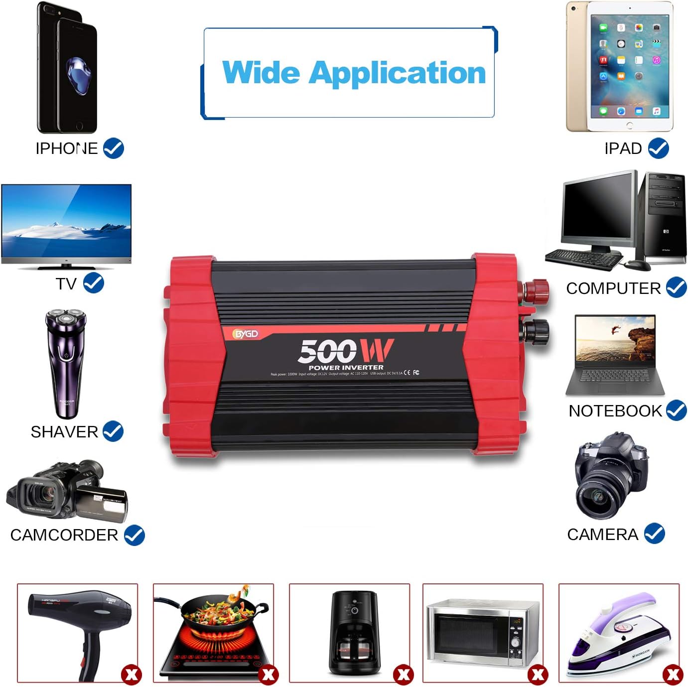 BYGD 500W Power Inverter, Car Charger Adpater DC 12V to AC 110V Car Power Converter 4 USB Quick Charging Ports and Dual AC Outlets Car Charger Adpater with Cigarette Lighter Cable and Battery Clamps