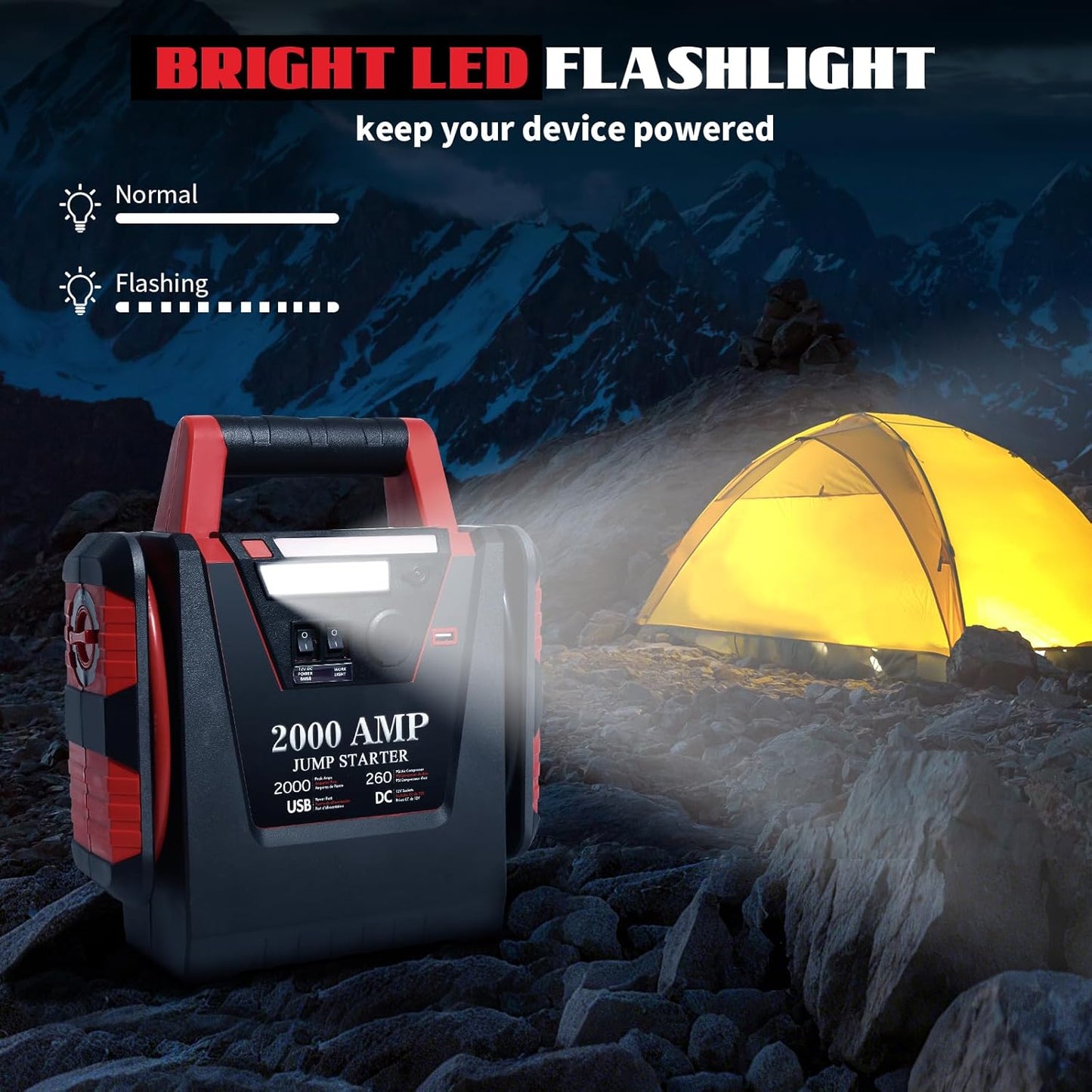 2000A Jump Starter with Air Compressor,Car Battery Jumper Starter 260 PSI Tire Inflator,6 in 1 Auto Lead-Acid Battery Booster Jump Starter for Up to 10.0L Gas or 8.0L Diesel with LED Light