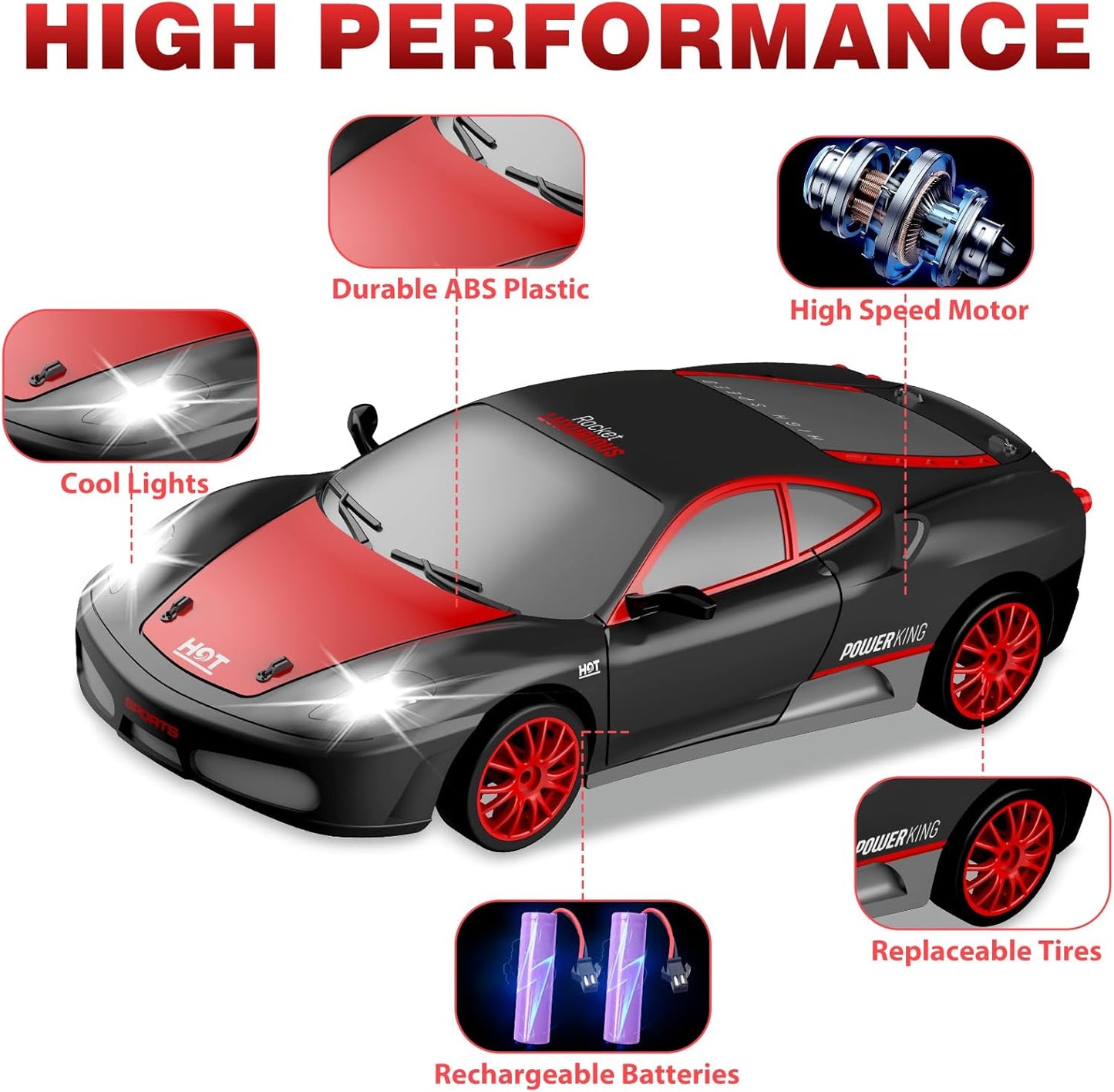 RC Drift Cars, 2.4Ghz 1:24 Remote Control Car 4WD High Speed Drifting RC Car with LED Light, Drift Tires and Two Batteries Racing Toy Cars for Kids Boys Girls Adults(Black)