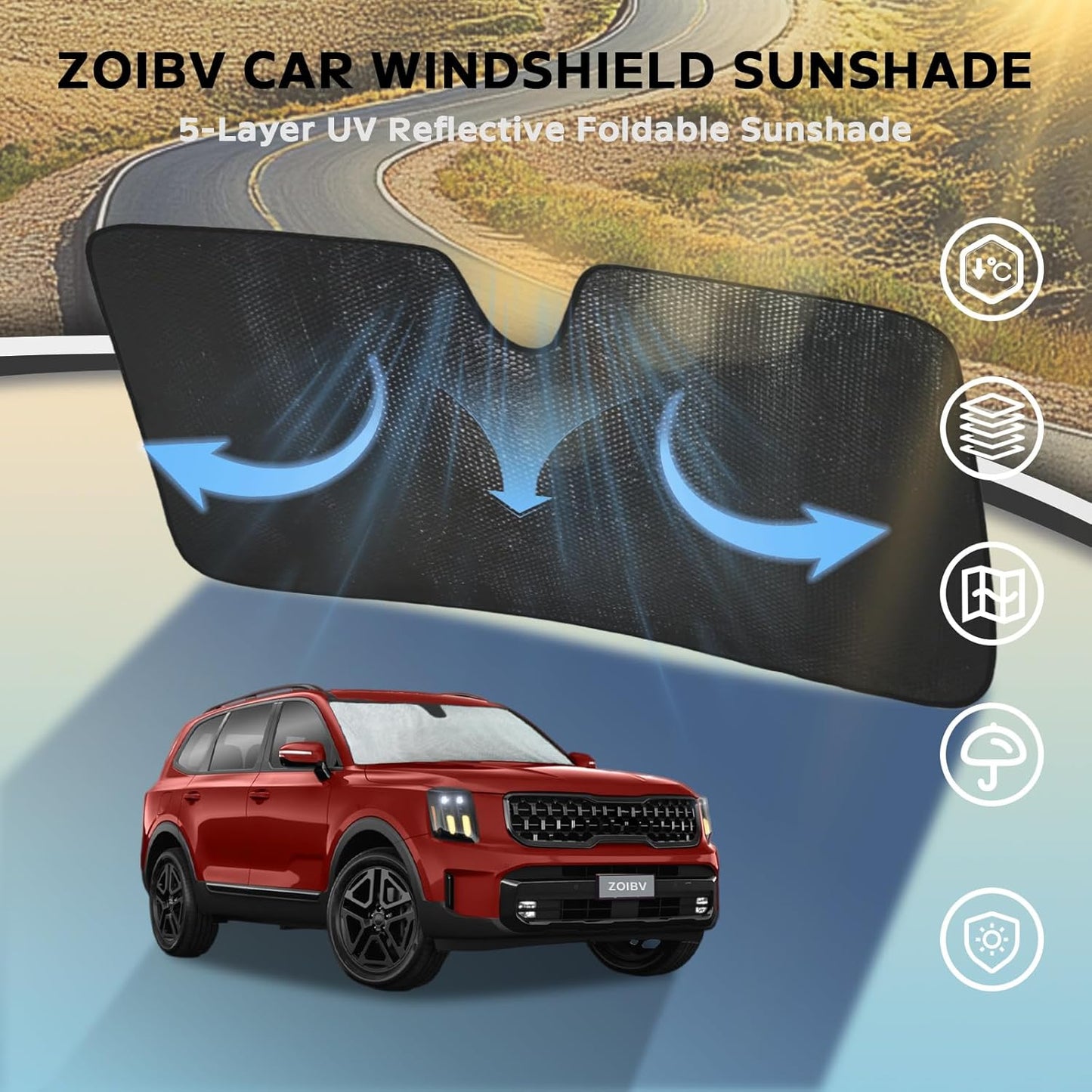 Windshield Sun Shade for Kia Telluride 2020-2025 - 5-Layer Bubble Foldable Front Window Shade Sun Visor Accessories - Blocks Heat & UV Rays