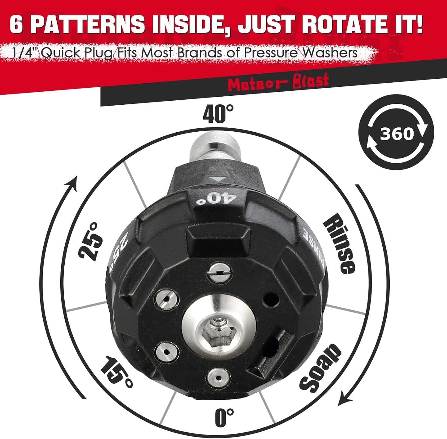 Meteor Blast Pressure Washer Nozzle, 6-in-1 Quick Change over and Adjustable, Power Washer Tips Replacement with 1/4 inch Quick Connector, MAX 4500PSI 1.5GPM specially for Small Power Washer