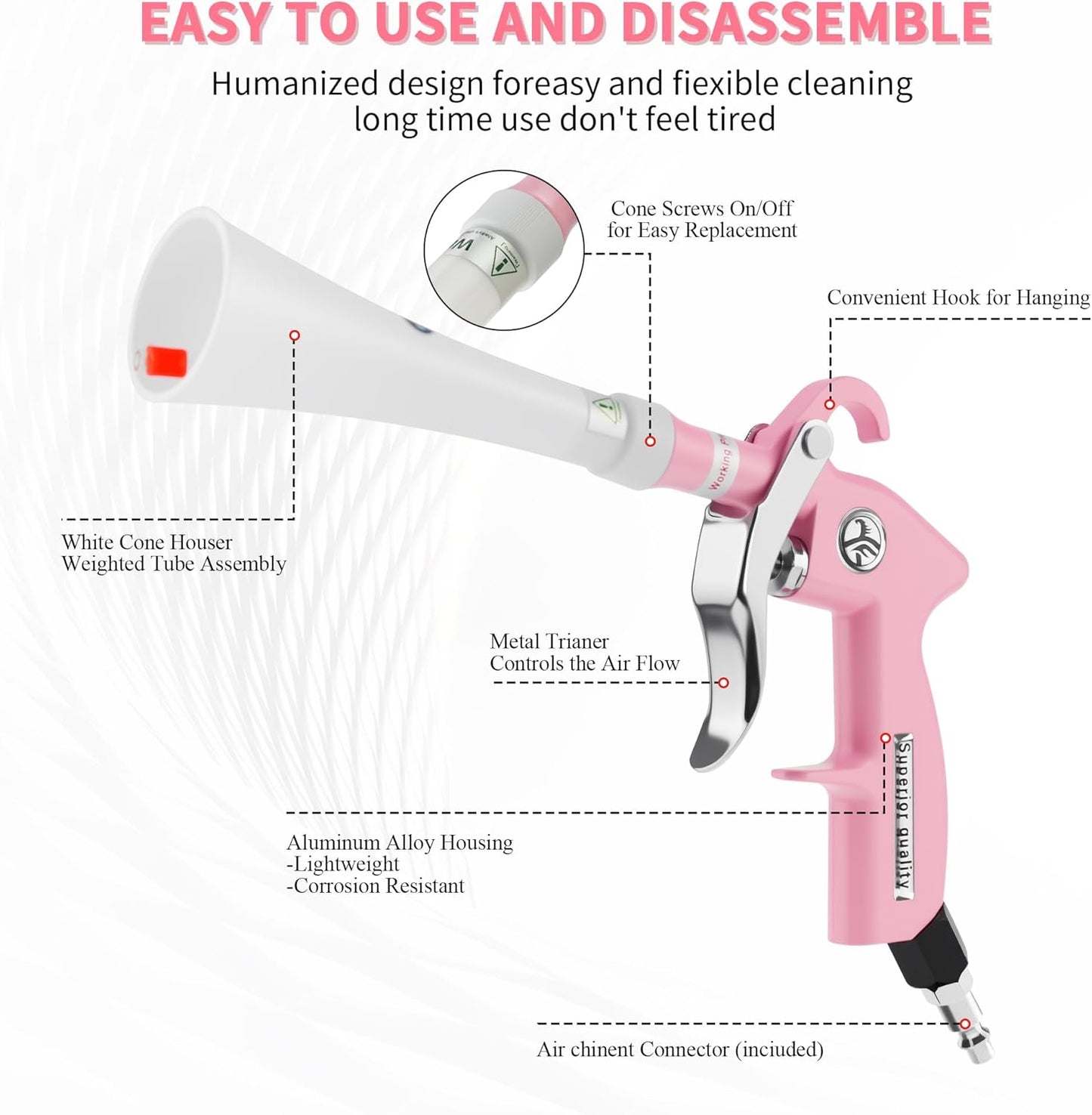 Tornado Dry Cleaning Gun Detailing Interior Dryer Air Blow Gun High Pressure Blower Gun for Women Car Detailing Kit Interior Cleaner Works with Air Compressor and Quickly Removes Surface Dirt Pink