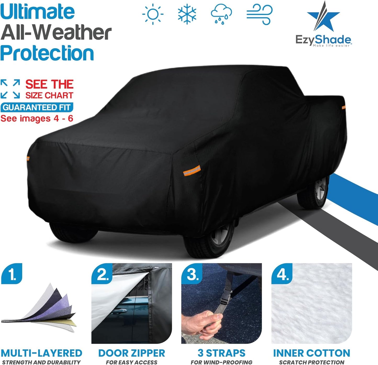 EzyShade 10-Layer Truck Cover Waterproof All Weather. See Vehicle Size-Chart for Accurate Fit. Outdoor Pickup Truck Covers - Silverado F150 RAM 1500. Sun Snow Rain. Black, Size T4 (See SizeChart)