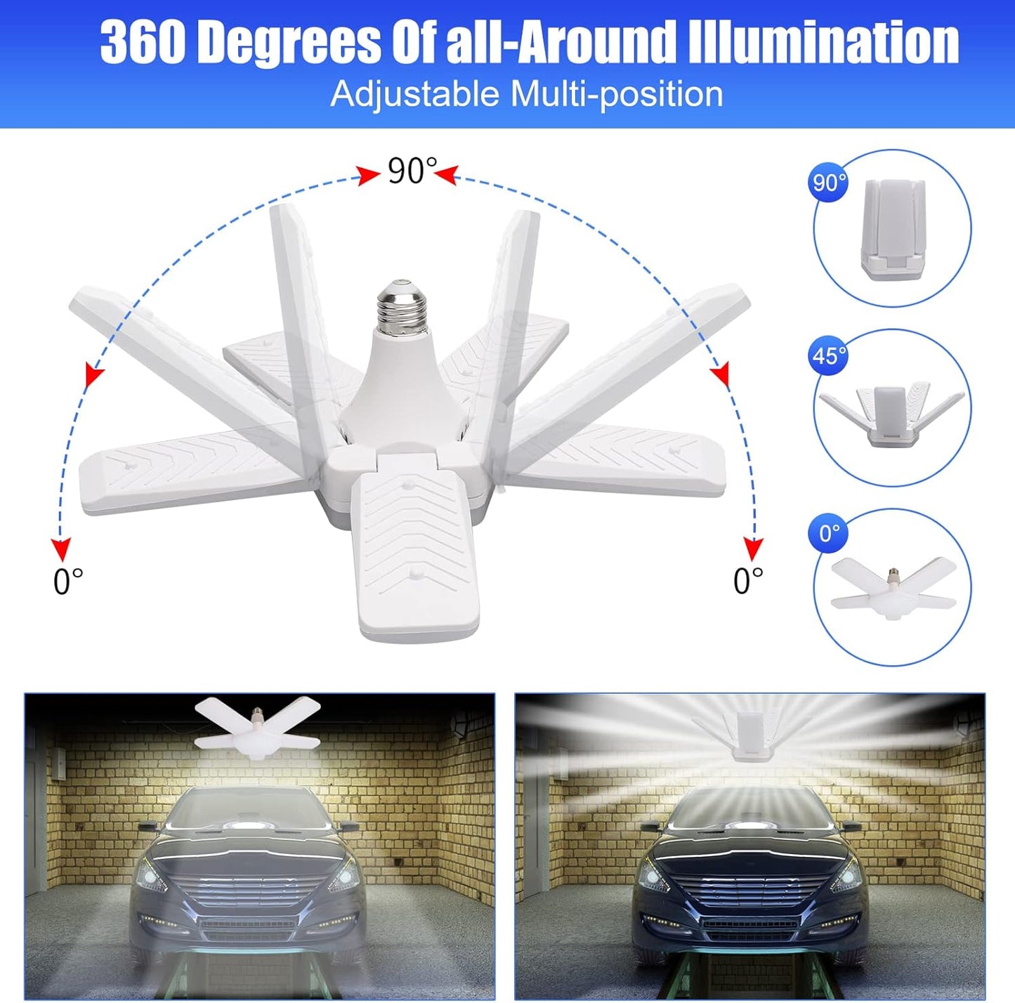LED Garage Lights 2 Pack, 100W 10000LM 6500K E26/E27 Ceiling Light with 5 Adjustable Panels for Workshop, Basement, Warehouse