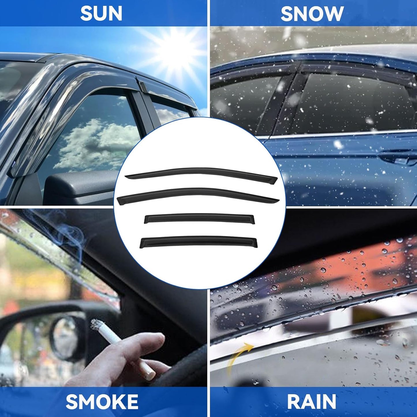 4pcs Front+Rear Smoke Tint Sun/Rain Guard Outside Mount Tape-On Vent Window Visors Compatible with 07-10 Sebring 11-14 200 Sedan