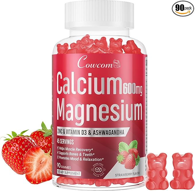 Calcium Magnesium Zinc Gummies & Vitamin D3,B6,B12,Immune & Supporting Bone Health Calcium Magnesium Supplement for Women Men,Sugar-Free Vegan Strawberry Flavor 90 Counts