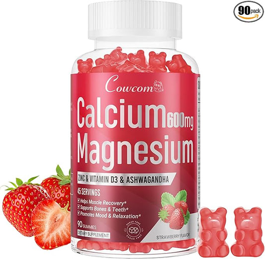 Calcium Magnesium Zinc Gummies & Vitamin D3,B6,B12,Immune & Supporting Bone Health Calcium Magnesium Supplement for Women Men,Sugar-Free Vegan Strawberry Flavor 90 Counts