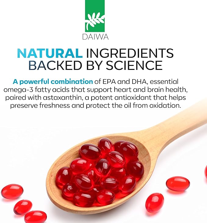 Daiwa Krill Oil 1000mg Softgels - EPA DHA Omega 3 Antarctic Krill Oil Supplement with Astaxanthin - Natural Solution for Joint, Brain Support and Heart Health - 60/ct