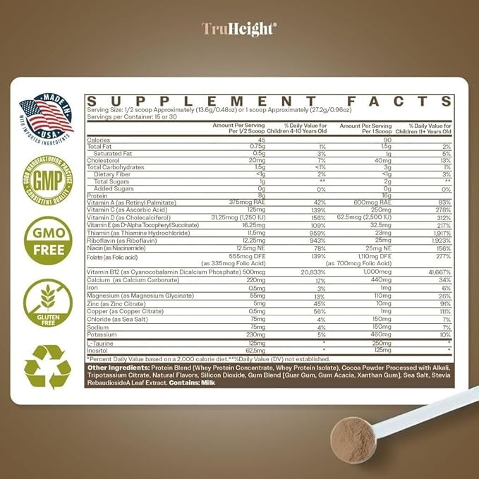 TruHeight Growth Protein Shake (Chocolate Milk Flavor, Whey) Natural Growth & Development Protein Powder for Kids & Teens - Weight Gain Drinks - Endorsed by Pediatricians, Picky Eater Vitamin, Ages 4+