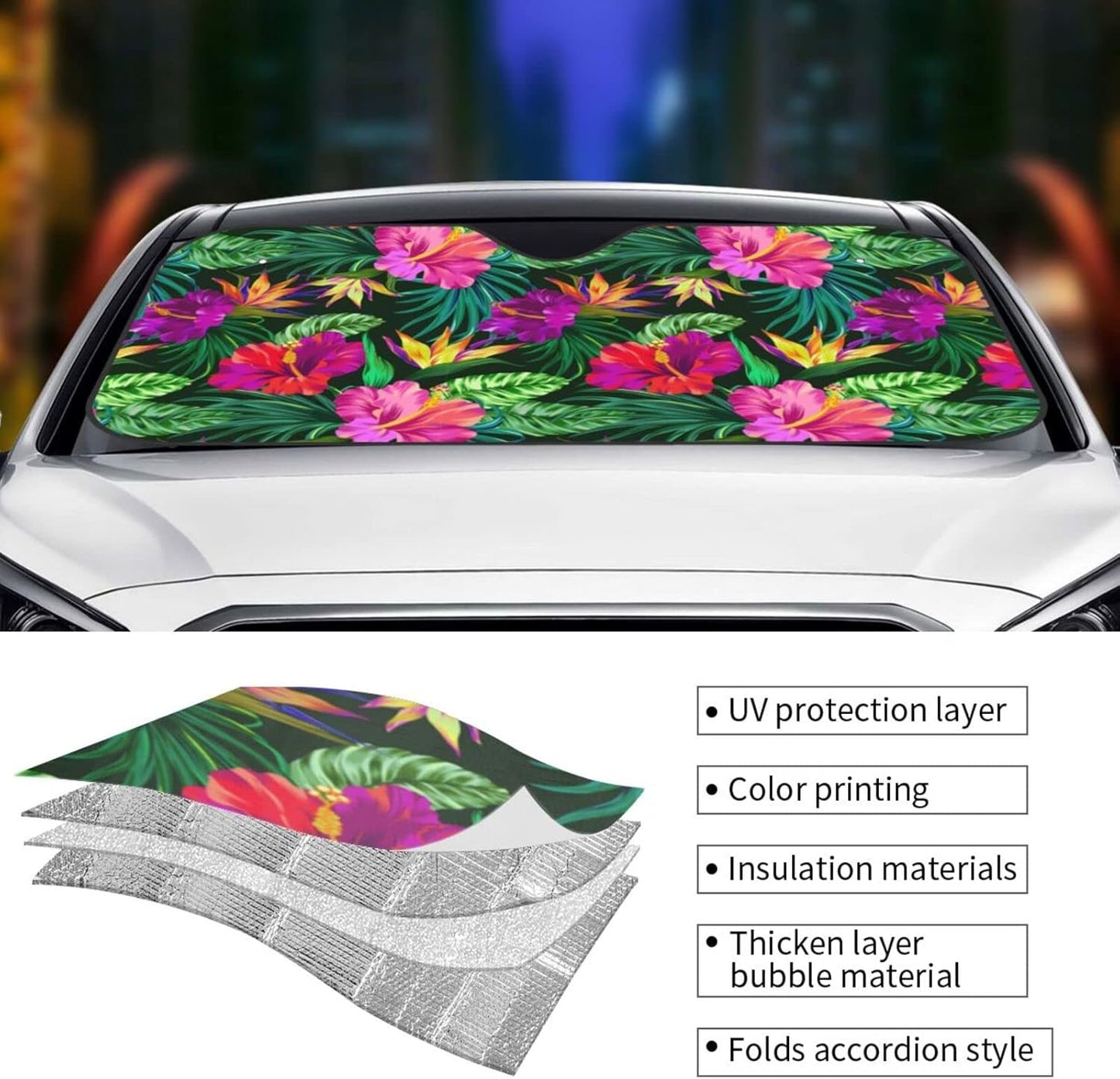 Tropical Flowers Car Windshield Sunshade Front Window Sun Visor Protector Foldable Shield Cover for Truck SUV