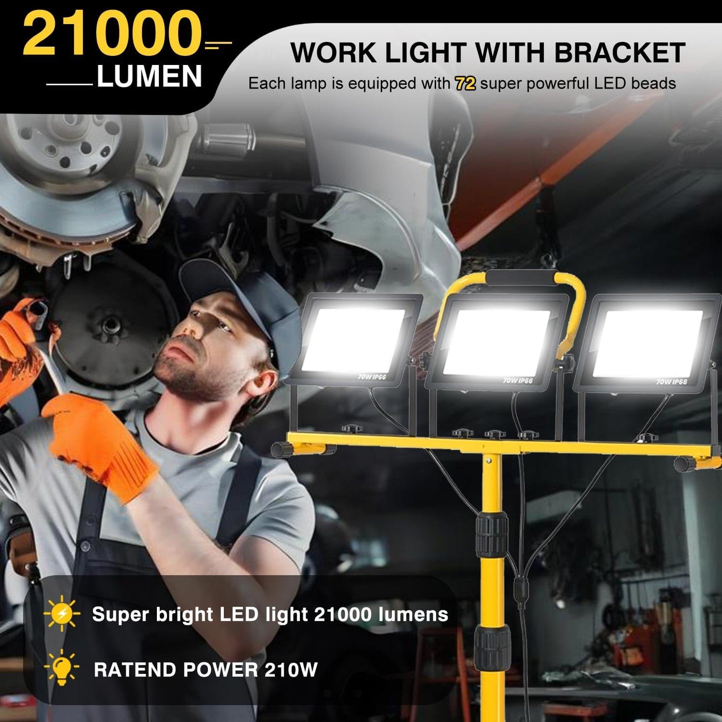 21000 lumens LED work light, IP66 waterproof portable work light, with tripod, 16.4-foot (about 5 meters) wire; Suitable for outdoor and indoor workshop, garage, and construction site lighting
