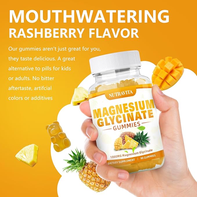 Magnesium Glycinate Gummies 1000mg with Magnesium L-Threonate,Chelated Magnesium Potassium Complex Supplement with VitD, B6, CoQ10, Calcium,Supports for Memory, Calm, Mood - 90 Mango pineapple Gummies
