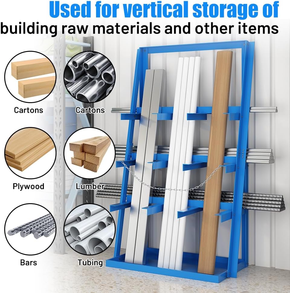 Yeeoy Steel Vertical Bar Rack, Lumber Storage Rack with Safety Chain, Heavy Duty Long Parts Storage Rack, Pipe Organizer Shelf for Garage Workshop Factory, 3000 LB Capacity, Blue