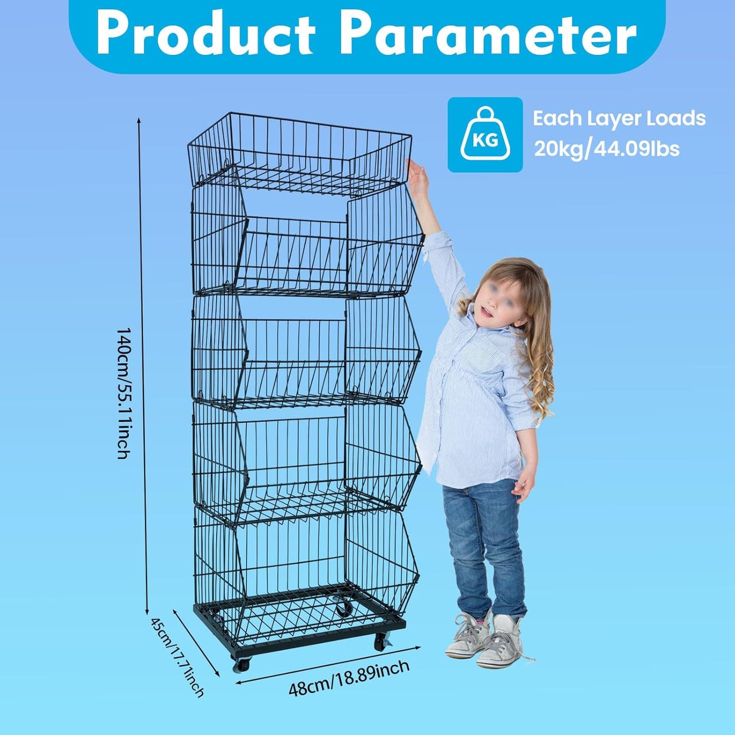 Retail Display Rack 5-Tier Market Merchandise Display Shelf Fruit Storage Shelf Vegetable Snack Basket Retail Store Supplies with Wheels for Home Store Market (18" D X 19" W X 55" H- Black)