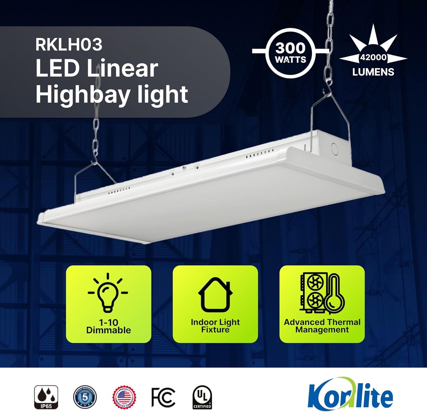 4 FT Linear LED Shop Light, 300W, 42,000LM HighBay Light for Industrial & Warehouse Aisle Use, UL & DLC Listed for Workshop, Garage, 5000K Daylight, Dimmable 1-10V