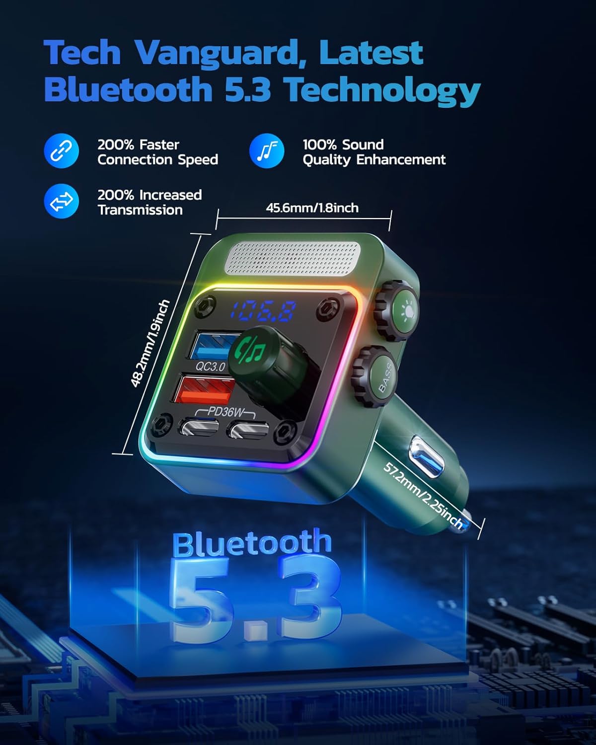Nulaxy 54W Bluetooth 5.3 Car Adapter with 4 Charging Ports [PD 36W & QC3.0 18W], Wireless Radio FM Transmitter with Deep Bass Player & 5 Colors LED Backlit, Hands-Free Calling - Green