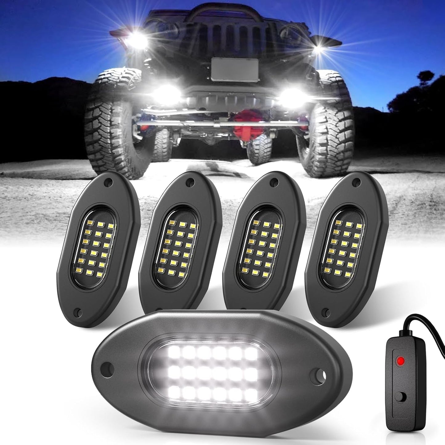 Honalia Pure White Rock Lights 4 Pods, 6000K White LED Rock Lights Kits with Switch