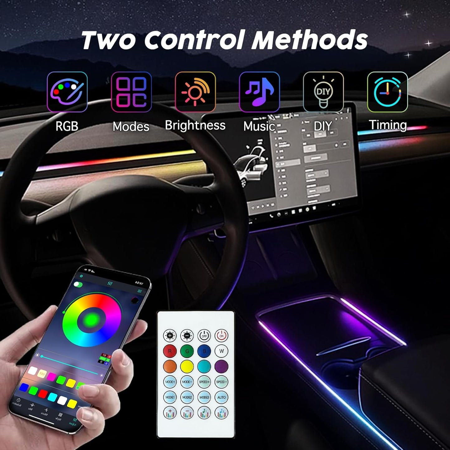 Interior Car LED Lights, RGB Dream Color Acrylic LED Lights for Car, Ambient Lighting Kits with Wireless APP and RF Remote Control, Music Sync Dynamic Chasing (6 in 1)
