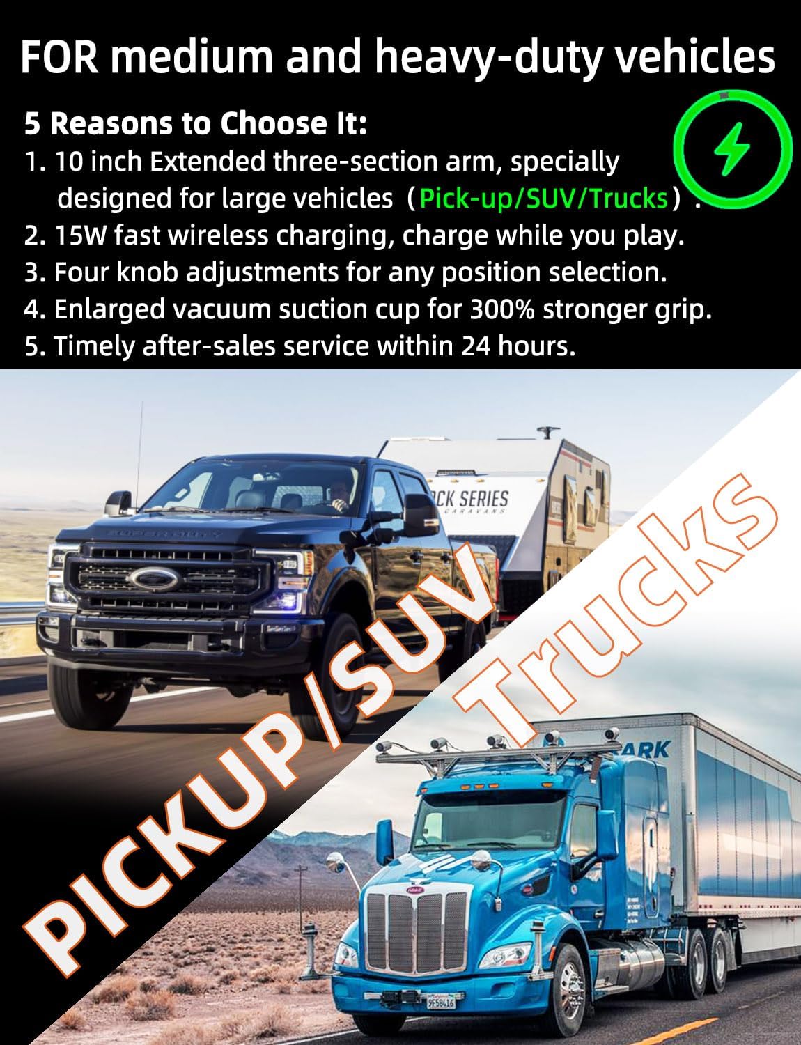 Wireless car Charger Phone Holder Mount for Truck,【10-inch Long arm 】 Pickup Truck Phone Holder Qi2 15W Fast Charging Heavy Duty Truck and Large SUV Windshield/Dashboard,for iPhone Samsung LG