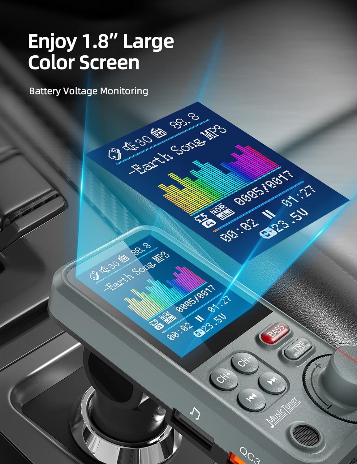 Nulaxy FM Bluetooth Transmitter for car, Strong Microphone Bluetooth Car Adapter with 1.8" Color Screen for Hands-Free Calls, Supports QC3.0 Charging, Treble and Bass Sound Music Player- KM30 Grey