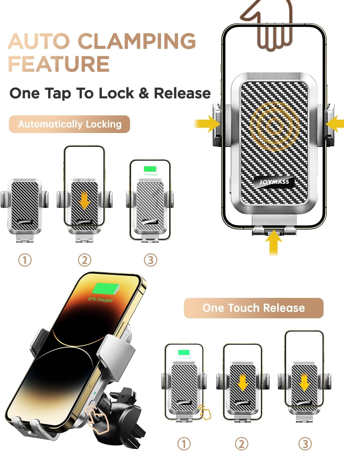 Wireless Car Charger, Phone Holders for Your Car, 15W Auto Clamping Phone Mount Car Accessories for iPhone 16 15 14 13 12 Mini Pro Max, Samsung Galaxy S24 Ultra S23 S22+ Note 20, etc - Silver