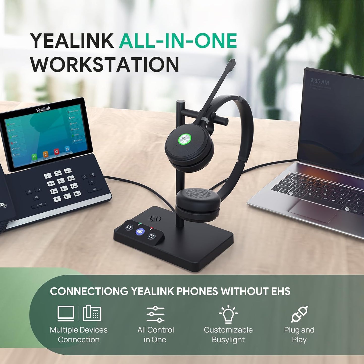 Yealink WH62 DECT Mono Teams Wireless Headset, 525 ft Range Work Headphone with 2X Noise Canceling Mic for IP Phone and Computer, Single Ear Headset with Call Control, Ringer,13H Talk Time