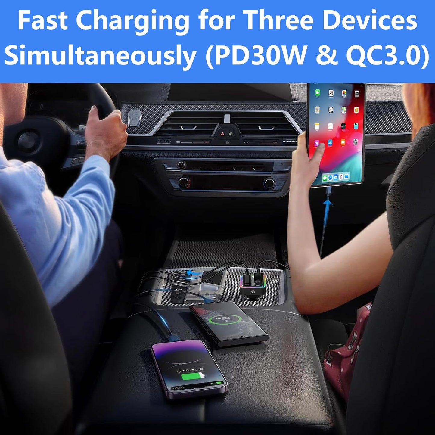 Bluetooth FM Transmitter for Car - Bluetooth Car Adapter with Type-C PD(30W) Charger, Dual QC3.0 USB Port, Aux Port - Support Handsfree Calling, 7 Colors Backlight, U Disk, MP3 Player