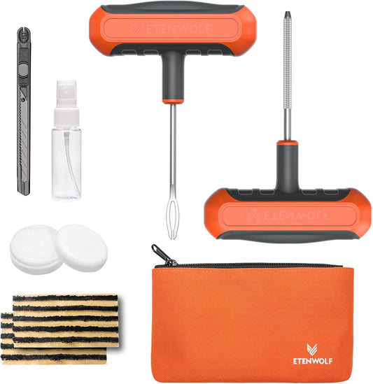 ETENWOLF Flat Tire Repair Kit with Plugs 16 Pcs, Heavy Duty Tire Plug Kit for Car, Motorcycle, ATV, Jeep, Truck, Tractor (Vivid Orange)