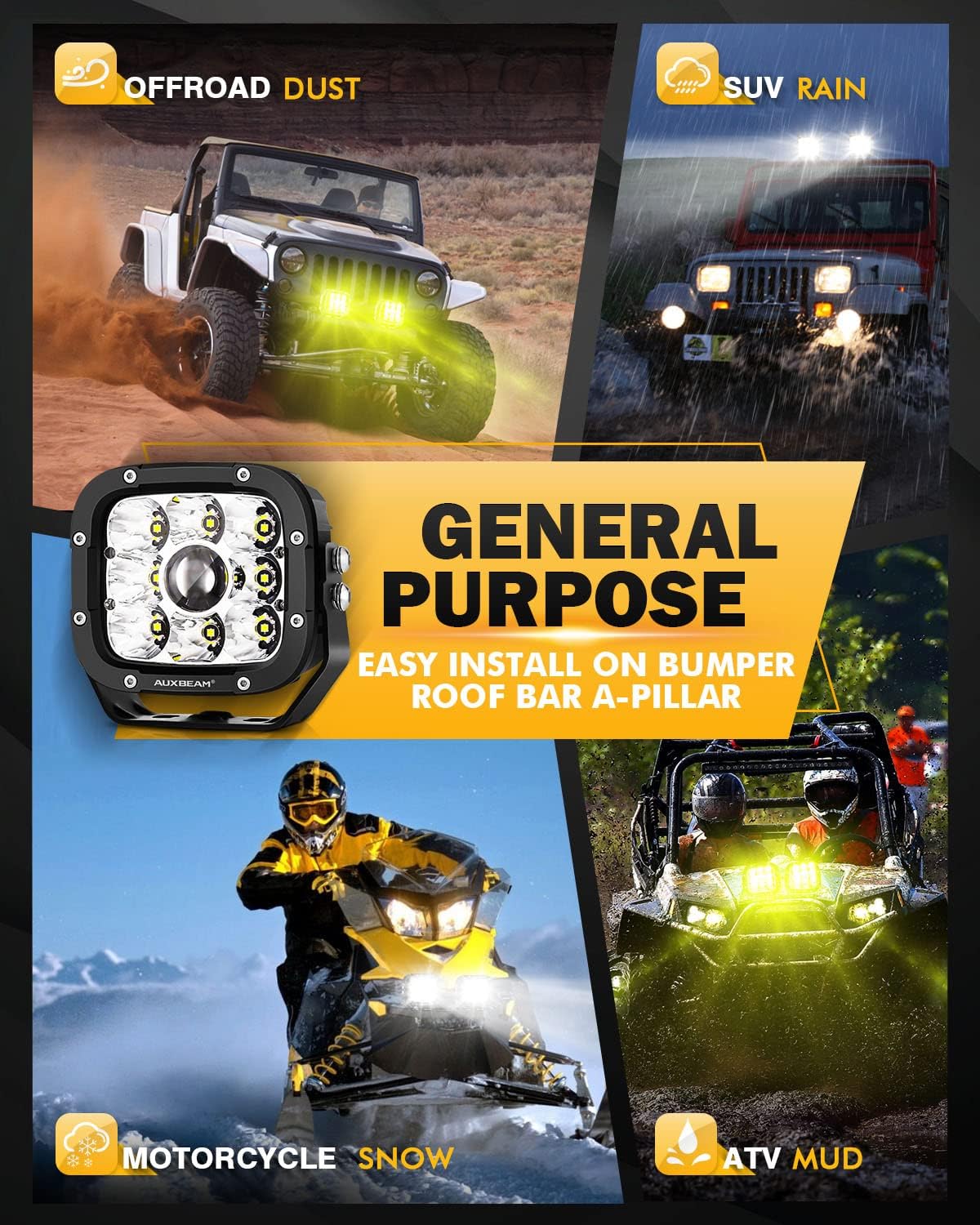 Auxbeam XP-Ultra Series 5 Inch LED Pod Lights 110W Hyper Spot Beam Cube Offroad Lights with Amber White Lens Covers Dual Color Off-Road Amber Fog Spotlight, Pair