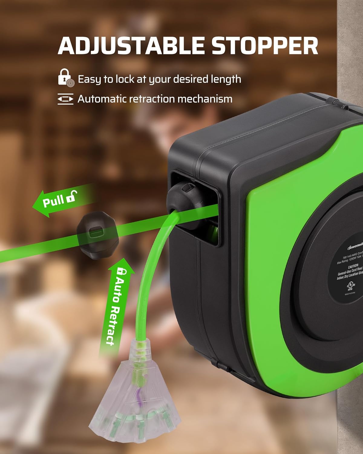 DEWENWILS Retractable Extension Cord Reel, 75 FT Heavy Duty Power Cord, 14/3C SJTOW Retractable Cord Reel, Lighted Triple Outlets, 10A Circuit Breaker, Wall/Ceiling Mount, UL Listed, Green