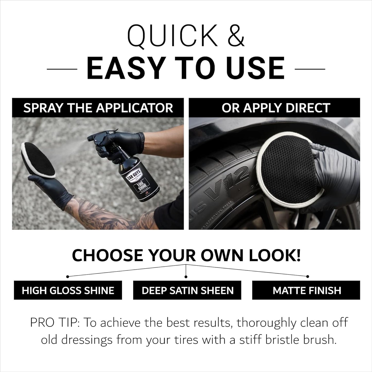 CAR GUYS Tire Shine Spray | The Perfect Shine | Durable and User Friendly Tire Dressing | Long Lasting UV Protection for Black Tires, Wheels, & Rubber | 18 Oz Kit with Applicator Pad