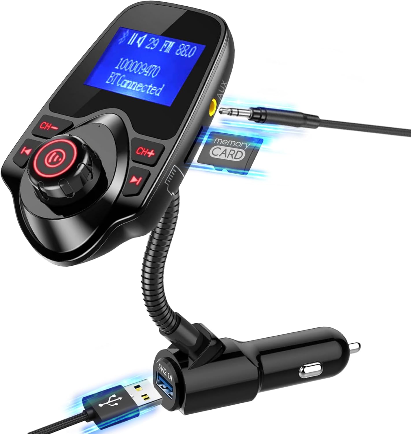 ONN Upgraded 2025 Car Bluetooth FM Transmitter – 1.44" Display, Flexible Gooseneck, Hands-Free Calls, Wireless Music Player, Radio Adapter, USB Charger, Micro SD Card & AUX Support