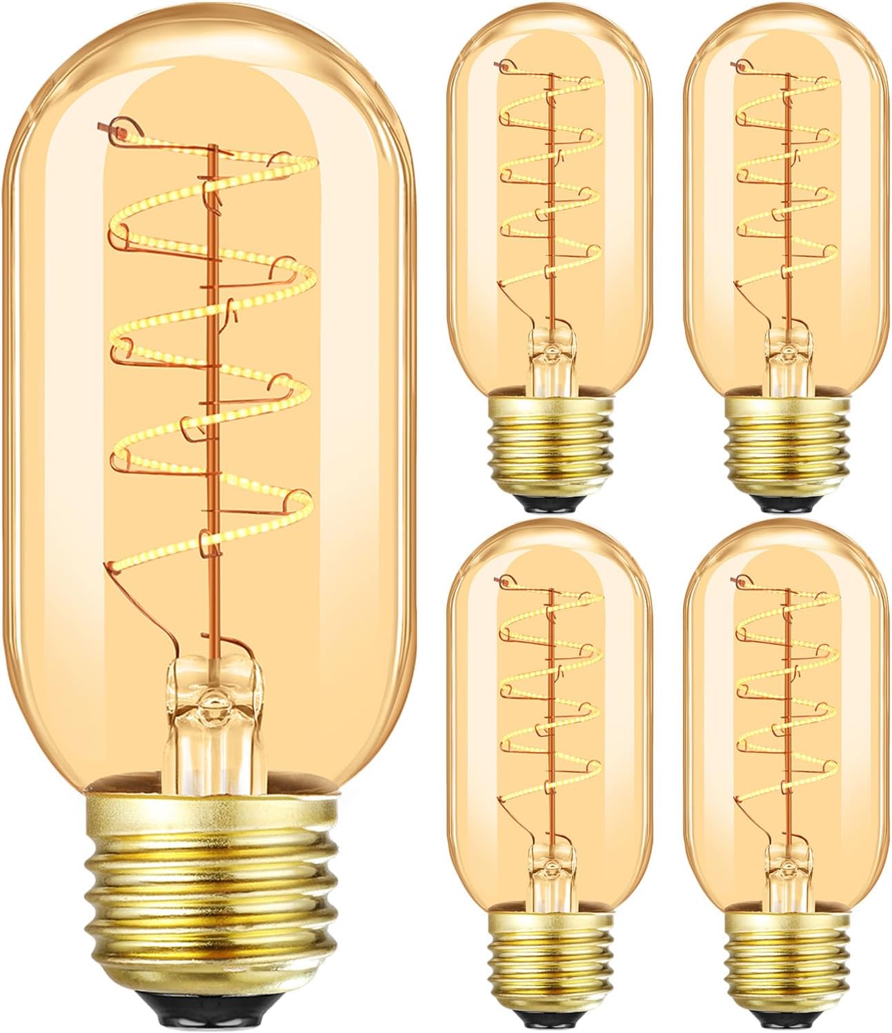 Vintage LED Spiral Filament Bulb T14, E26 Base, 4W Equivalent, 40W Warm White, 2200K, Dimmable, AC120V, 400LM, Amber Glass, Pack of 4