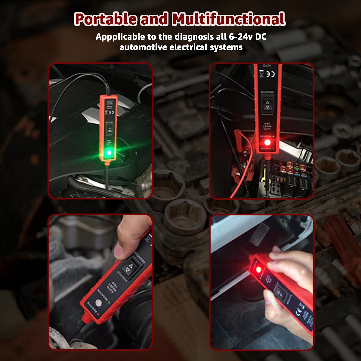 Power Circuit Probe Tester, 6V-24V DC Test Light, Automotive Short Circuit Located and Component Activated, 12V Auto Electrical Tester, Polarity Identify with LED Light, Overload Protection