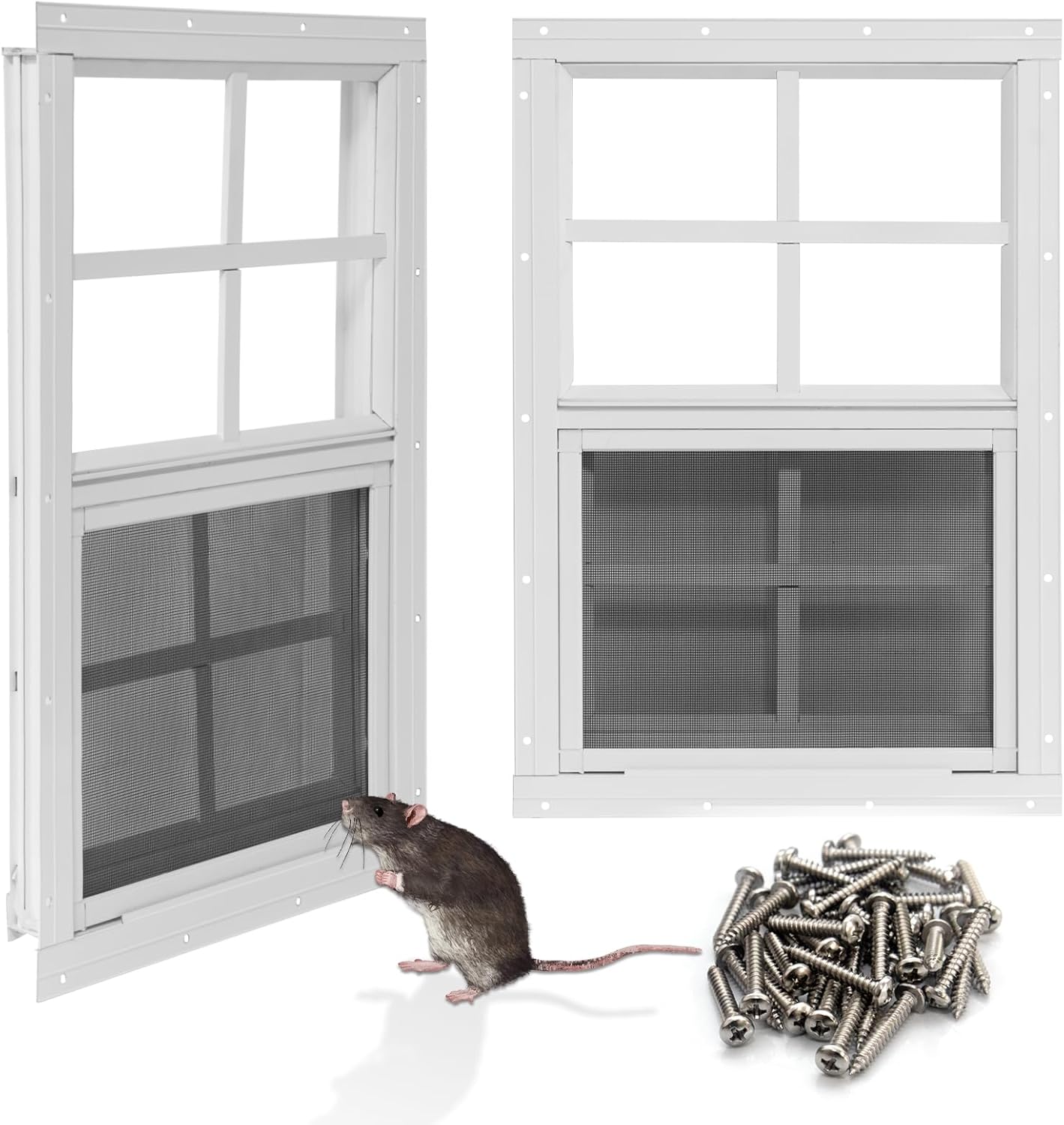 NeatiEase Upgraded Shed Windows 2 Pack, 18" x 23" Windows with Tempered Glass and Stainless Steel Screen for Shed, Chicken Coop, Playhouse, Household, Garage(White)